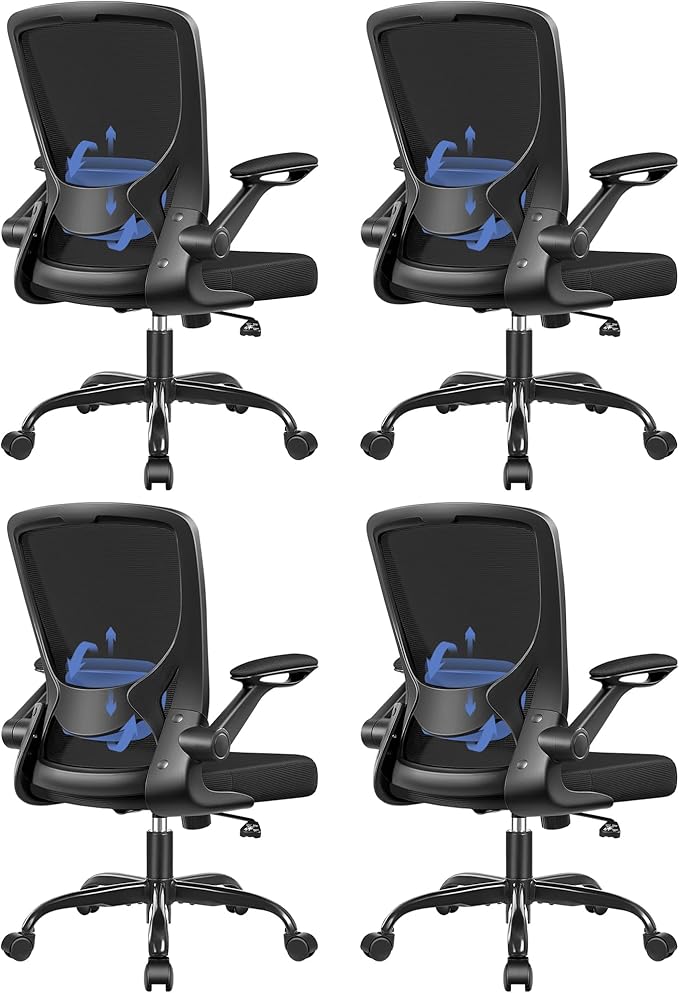 Ergonomic Office Chair, Mesh Computer Chairs with Lumbar Support, Swivel Desk Chair with Flip-up Arms and Adjustable Height, Black Pack of 4