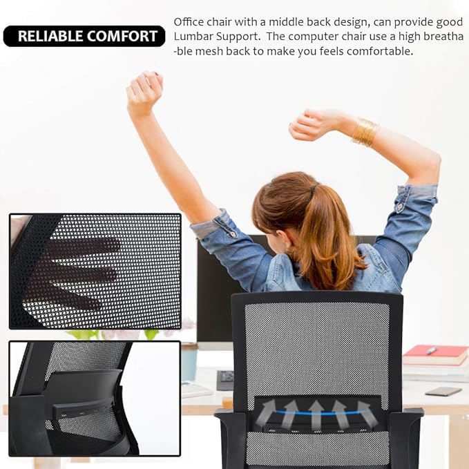 BestOffice Swivel Rolling Computer Chair Executive Lumbar Support Task Mesh Chair Adjustable Stool for Women Men (Black)