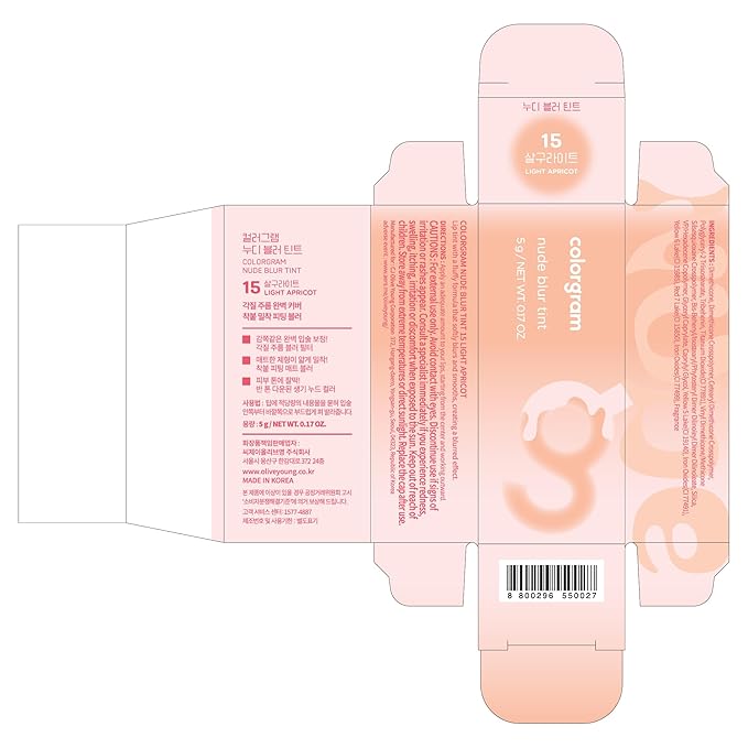 COLORGRAM NUDE BLUR TINT 15 LIGHT APRICOT | K-Beauty Makeup, Soft-Focus Matte Lip Stain, 2-in-1 Lip & Cheek | Lightweight Blurring Tint for a Smooth & Airbrushed Finish, Non-Sticky Formula