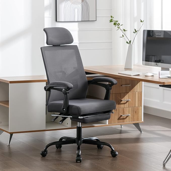Qulomvs Mesh Ergonomic Office Chair with Footrest Home Office Desk Chair with Headrest and Backrest Adjustable Computer Executive Desk Chair with Wheels 360 Swivel Task Chair