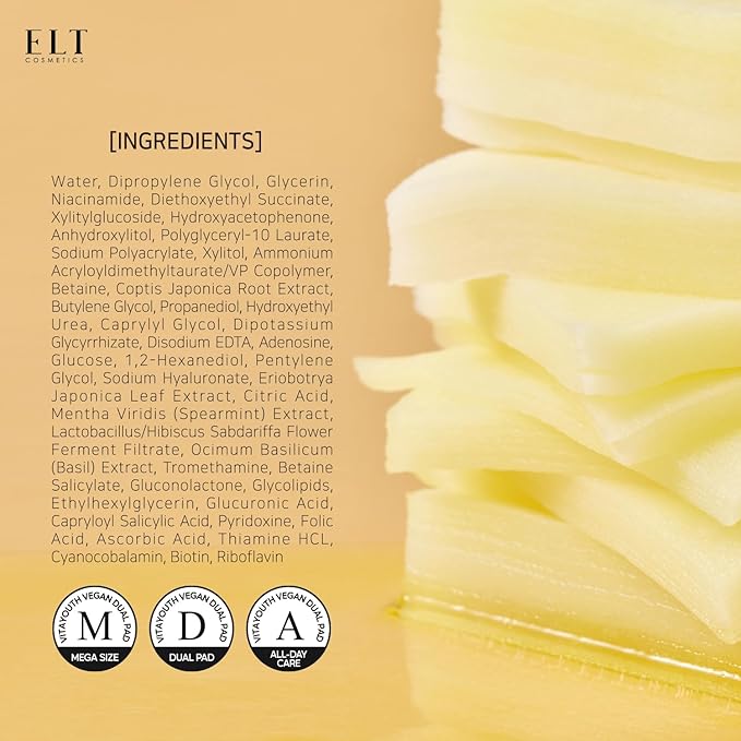 ELT Multi Vitamin Mega Dual Sized Toner Pads - 100% Vegan Certified with Niacinamide for Uneven Skin Tone - Cleansing & Deep Hydrating Dual Sided Toner Pads - Korean Skin Care, 80 Pads