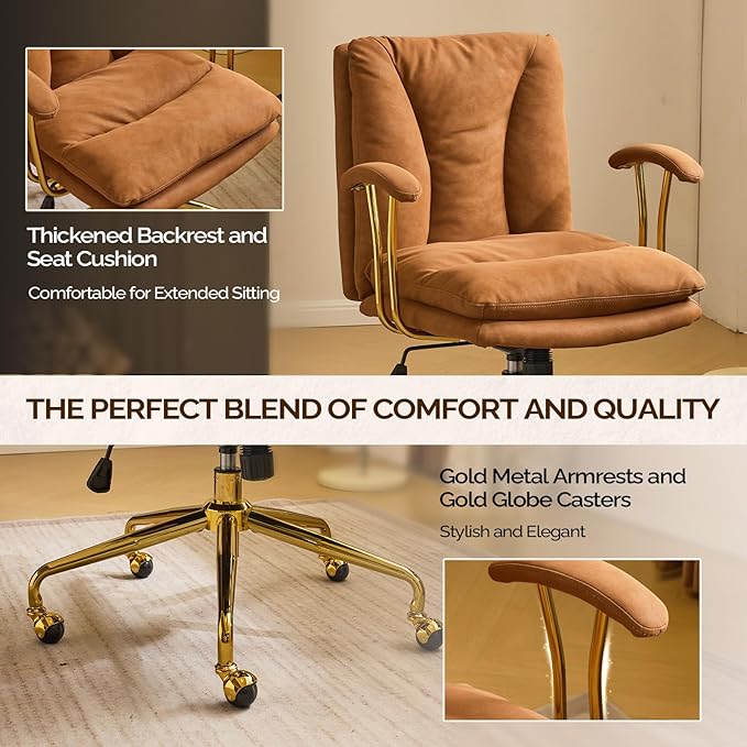 VINGLI Home Office Desk Chair Comfy with wheels&Removable Armrests,Gold Base Vanity Chair with Back,Adjustable Rolling Swivel Computer Task Chair for Study,Makeup,Office,Bedroom,Microfiber/Suede,Brown