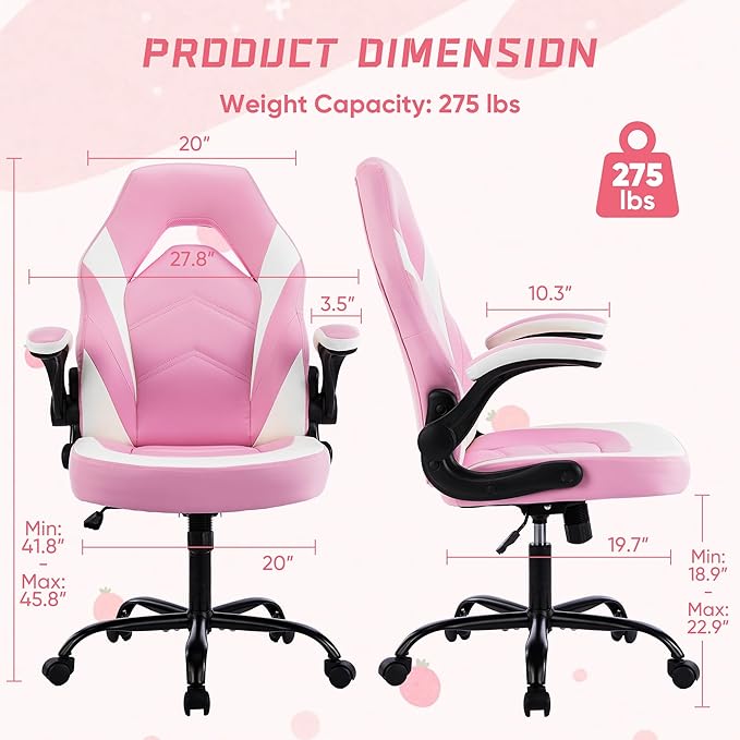 NEWBULIG Computer Gaming Desk Chair - Big Tall Ergonomic Lumbar Support with Flip-up Armrest and 360° Swivel Wheels, PU Leather Height Adjustable, for Home and Office, Pink