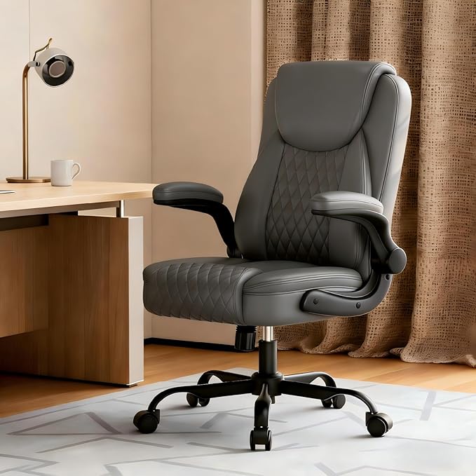 GTPLAYER Leather Office Chair, Home Desk Chair with Flip-up Arms and Ergonomic Back - Comfy Heavy Duty Executive Chair for Home Office Gaming, Gray