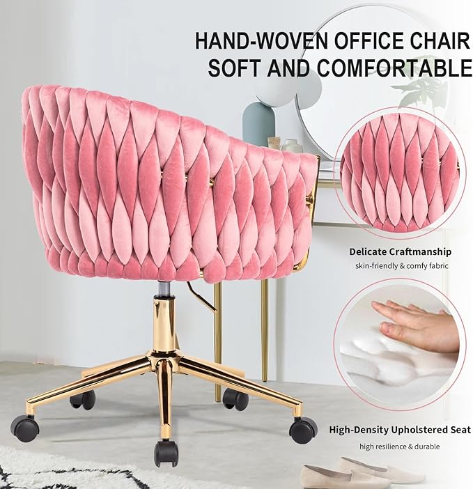 Cute Velvet Office Chair with Back and Golden Wheels, 360° Swivel Small Office Desk Chair Makeup Vanity Chair for Bedroom, Pink Rolling Chair