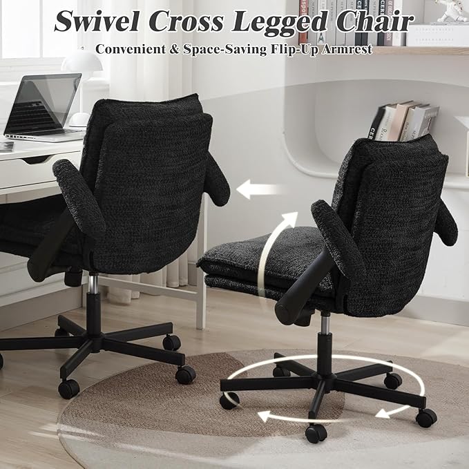 Criss Cross Legged Office Chair with Wheels and Flip-Up Arms, Upholstered Criss Cross Desk Chair, Wide Seat Chairs for Home Office, Vanity, Apartment, Black