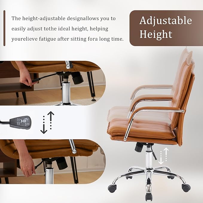 MOJAY Office Chair, Leather Desk Chair, Brown Desk Chair, Mid Century Modern Office Chair, Swivel Comfy Upholstered Wide Seat Chair with Gold Legs and Armrests for Home, Office (Camel&Silver)