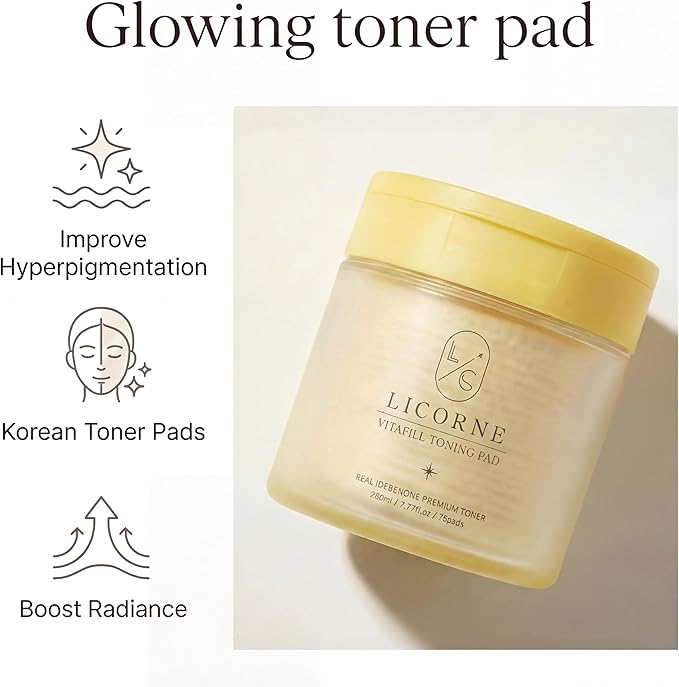 Licorne Vitafill Toning Pads (70 Count) - Idebenone & Vitamin C Glow Boosting Toner Pads for Dullness & Uneven Skin Tone - Korean Exfoliating Face Pads with Niacinamide for Daily Radiance
