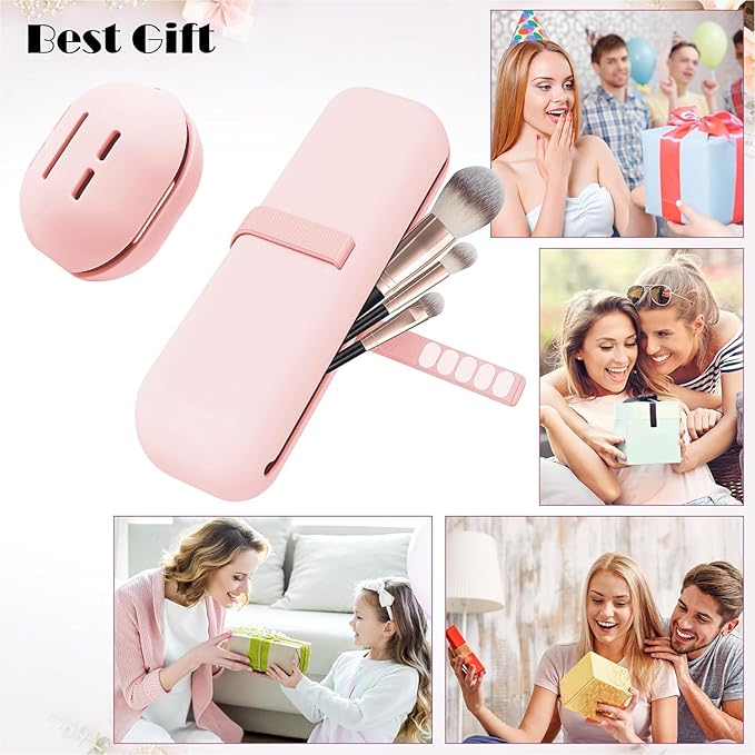 Silicone Makeup Brush Holder Travel Case No Odor Nylon Strap Closure | Water-Resistant Brush Organizer for Travel Makeup Brushes Storage-Pink