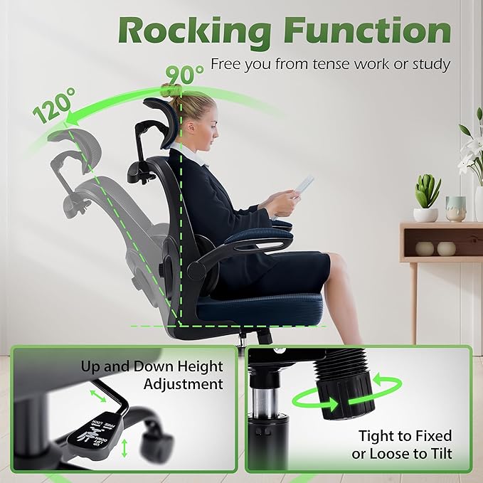 AreShark Office Chair Ergonomic Desk Chairs with Adjustable Lumbar Support& Headrest Hanger, High Back Breathable Mesh Chair with Wheels, Rolling Swivel Comfy Task Computer Chair for Home Work Gaming