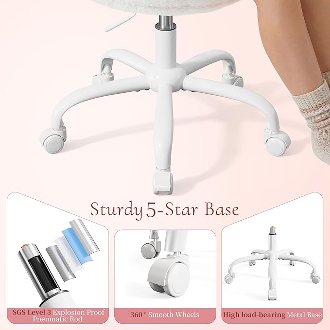 Vanity Chair with Back, Swivel Chair with Wheels & Adjustable Height, Fluffy Faux Rabbit Fur Comfy Desk Chair for Vanity, Make-up Room, Bedroom, Dorm, Cute Bow Backrest, White