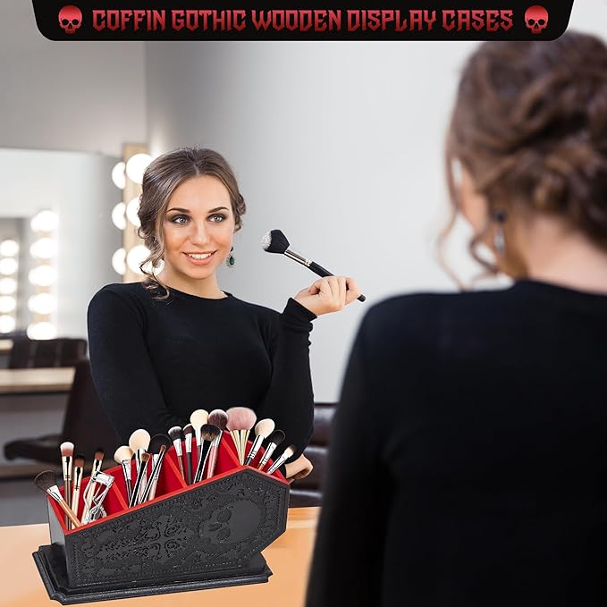 Gothic Coffin Decor Makeup Brush Holder,Spooky Witchy Gifts for Women,Skull Cosmetic Display Cases,Goth Decor Pen Holder, Vanity, Desk, Office Organizer for Christmas Bedroom Bathroom (Red)
