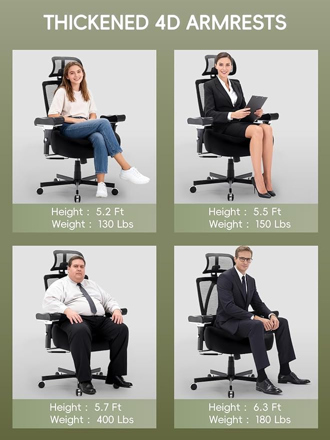 Big and Tall Office Chair 550lbs, Ergonomic Desk Chair with W Thick Cushion&4D Armrest, Executive Mesh Desk Chair with Adjustable Lumbar Support, 2D Headrest, Swivel Task Chairs for Home Office Gaming