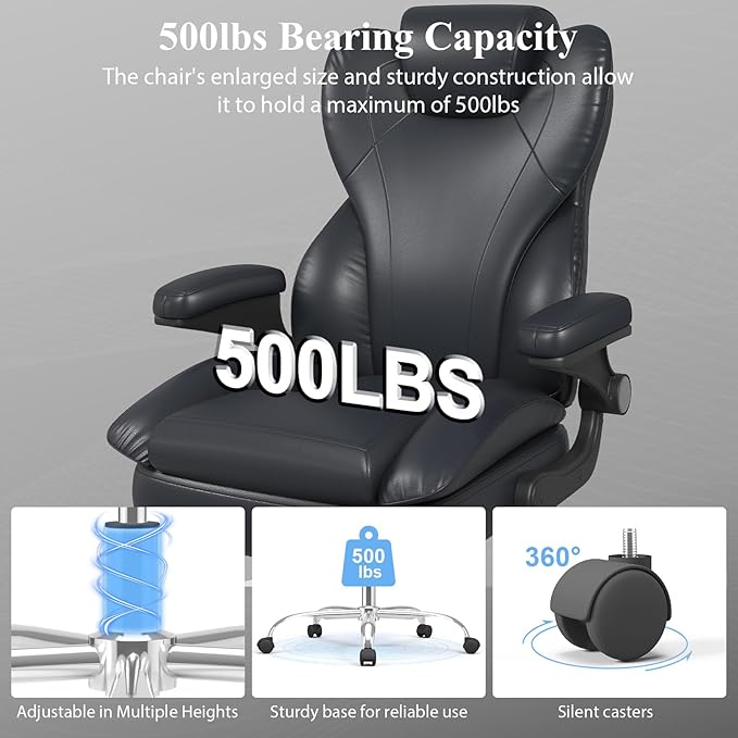 Office Desk Chair, Executive Leather Office Chair, High Back Ergonomic Home Desk Chair with Padded Flip-up Arms, Big and Tall Computer Chair with Rocking Function, 360°Swivel Free, Black