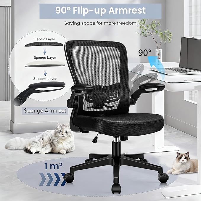 Desk Chairs with Wheels, Ergonomic Mesh Office Chair Adjustable Height and Swivel Lumbar Support Home Office Chair with Flip Up Armrests, Set of 14