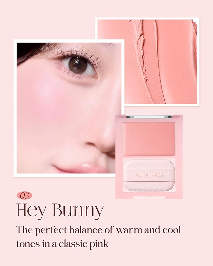 HOLIKA HOLIKA Tinted Milk Cream Blush 03 Hey Bunny - Korean Face Makeup with Built-In Puff, Semi-Luminous Milky Color, High Powder Content Formula, Transparent Finish for Semi-Matte Glow