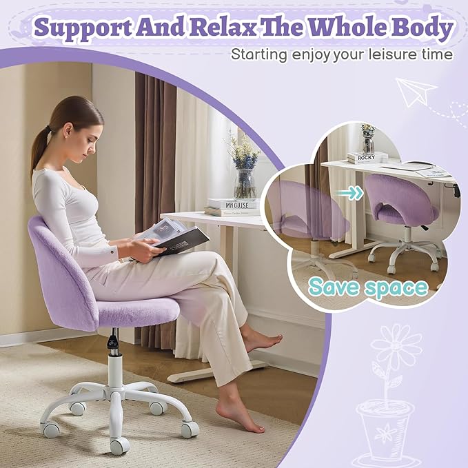 VINGLI Small Vanity Chair with Faux Fur Wheels for Girls,Cute Adjustable Height Armless Office Desk Chair,360°Swivel Comfy Rolling for Study,Make up Room,Small Space,Purple