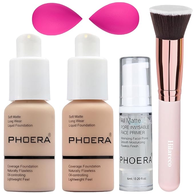 PHOERA Foundation,PHOERA Makeup for Women,PHOERA Matte Liquide Foundation Full Coverage,PHOERA Primer,PHOERA Concealer,Kabuki Makeup Brushes Foundation,2 Makeup Sponge(102 Nude + 103 Warm peach)