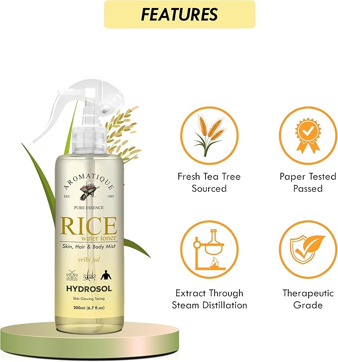 Aromatique Rice Water Toner Hydrating & Nourishing Face Mist Brightens, Revitalizes & Softens Multi-Use Hydrosol for Skin & Hair Suitable for All Skin Types Daily Use (200 ML) Pink