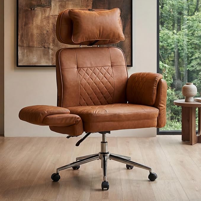 Big and Tall Office Chair - Criss Cross Leather High Back Executive Office Chair with Armrests & Wheels, Ergonomic Computer Gaming Desk Chair for Home, Makeup Vanity & Bedroom, Brown, 49.6”H×22”W