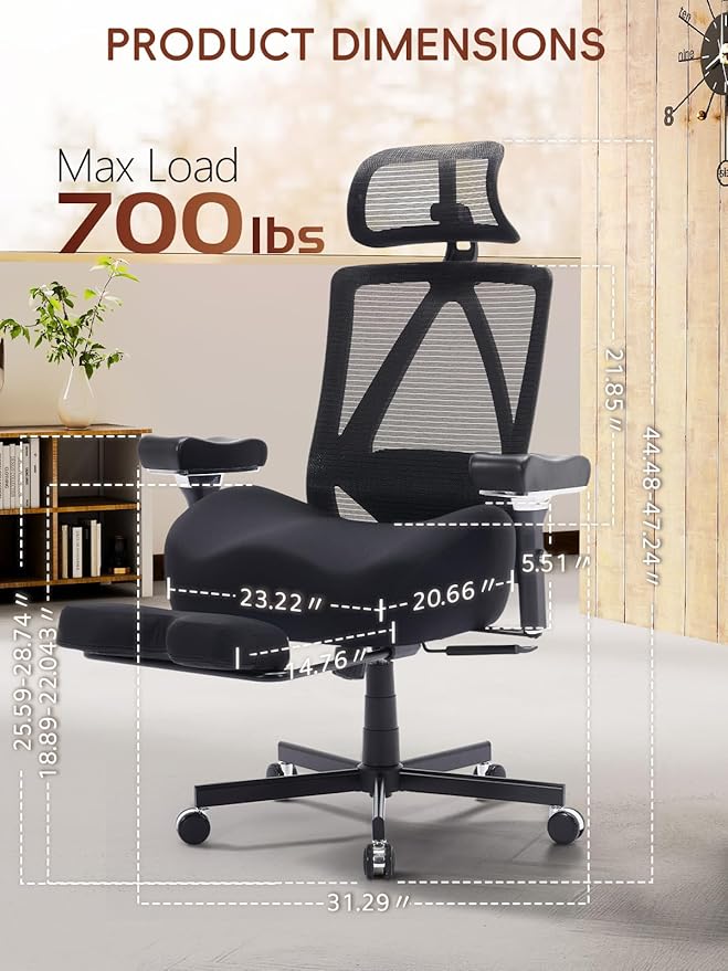 Big and Tall Office Chair 700lbs, Ergonomic Desk Chair with W Wide Thick Cushion, Executive Mesh Office Chair with Adjustable Headrest, Lumbar, Footrest, 4D Armrest Computer Task Chairs for Nap, Black