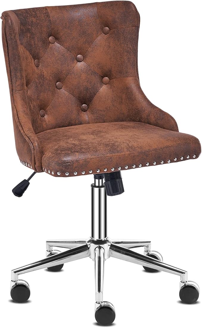 VINGLI Rustic Microfiber Armless Home Office Desk Chair with Silver Base/Wheels, Small Cute Vanity/Makeup Chair with Back for Bedroom, Upholstered Adjustable Rolling Swivel Nail Chair for Women/Girls