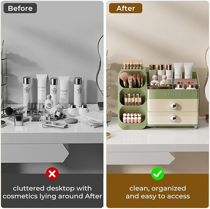 Makeup Organizer for Vanity with Brush Holder, Countertop Skincare Organizer with 2 Drawers, Spacious Cosmetic Display Case for Perfumes, Eyeshadow Palettes, Nail Polishes