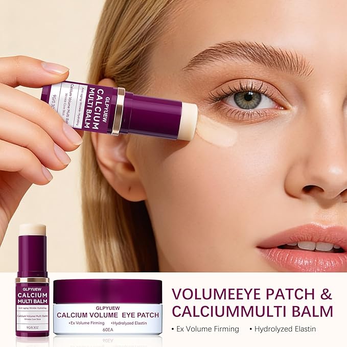 Calcium Multi Balm Stick & 60 Hydrogel Under Eye Patches (30 Pairs),Dual-Effect Eye Care Set for Deep Hydration & Smoothing Fine Lines,Gentle,Skin-Friendly (Pack of 1)
