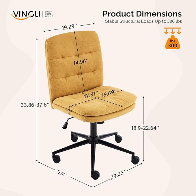 VINGLI Mid Back Armless Office Desk Chair with Wheels/no Wheels,360°Rocking Swivel Vanity Chair with Thickened Cushion,Adjustable Height Rolling for Reading Room, Make up, Linen Ginger Yellow