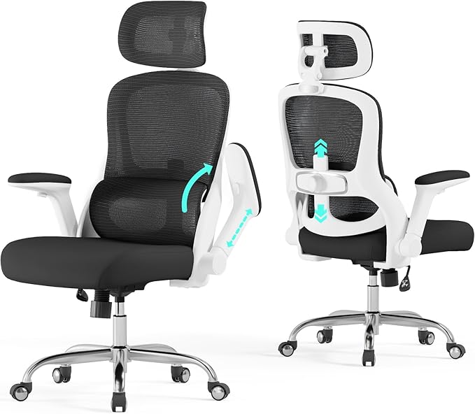Office Chair - Ergonomic Desk Chair with Adjustable Headrest Lumbar Support Computer Chair - Mesh Comfy Chairs with Flip-up Armrests - Big and Tall Gaming Chairs for Adults Home Office(White Black)
