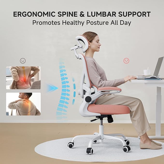 Ergonomic Office Chair, 330LBS Desk Chair with 3-Level Lumbar Support & Headrest, Breathable Mesh Backrest, Flip-Up Armrests for Home Office and Gaming, Pink