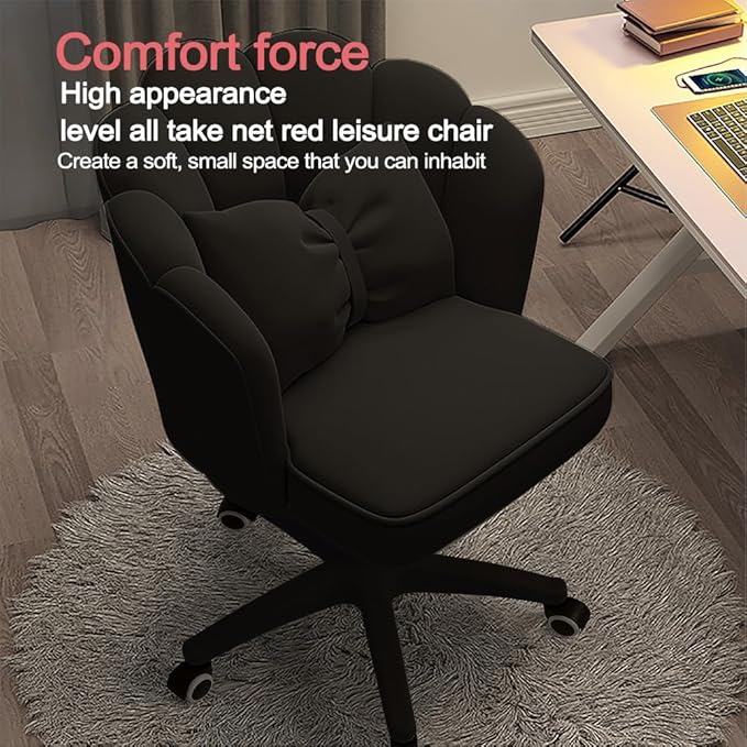 Petal Desk Chair with Bow Cushion Velvet Vanity Chair with Wheels, Upholstered Home Office Chair for Girls Women, Mid-Back Swivel Computer Task Chairs for Living Room Bedroom