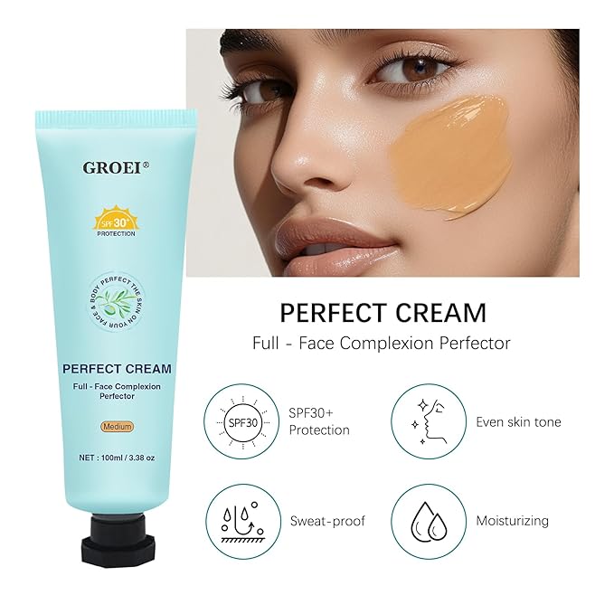 Perfect Cream All-Over Complexion Perfector | Long-Lasting BB Foundation & Concealer | SPF 30 Tinted Moisturizer for Face/Body (Medium)