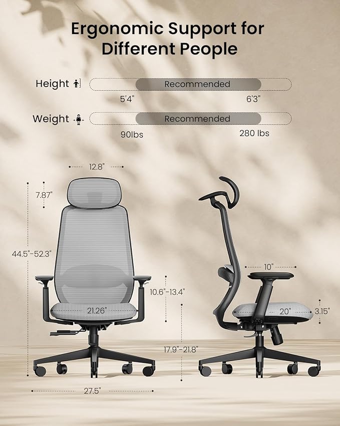 ProtoArc Ergonomic Office Chair – EC200 High-Back Mesh Computer Chair with Lumbar Support, 3D Adjustable Headrest & Sliding Seat for 8+ Hour Comfort, Big & Tall Home Office Desk Chairs - Gray
