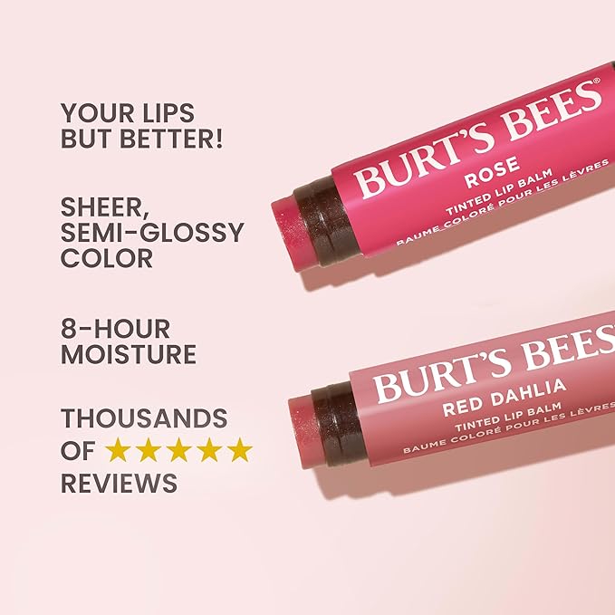 Burt's Bees Lip Tint Balm, Long Lasting 2 in 1 Duo Tinted Balm Formula, Color Infused with Hydrating Shea Butter for a Natural Looking Buildable Finish, Red Dahlia + Rose (2-Pack)