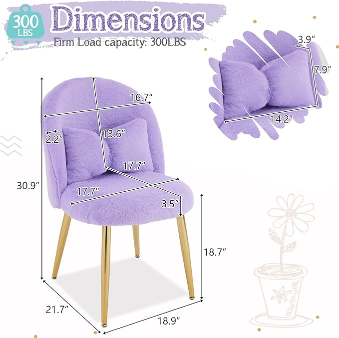 VINGLI Fluffy Girls Vanity Chair with Back & Pillow,Cute Small Cozy Desk Chair No Wheels,Comfy Makeup Ch with Ajustable Gold Legs,for Bedroom,Living Room,Small Space,Purple