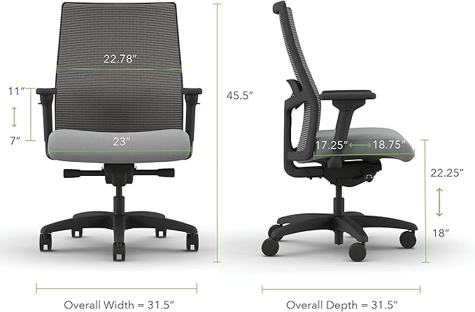 HON Ignition 2.0 Big and Tall Office Chair, 450lbs Weight Capacity, Extra Wide Seat, Tilt Recline, Swivel Wheels, Heavy Duty Office Chair, Comfortable for Long Hours, Black Frame, Ash