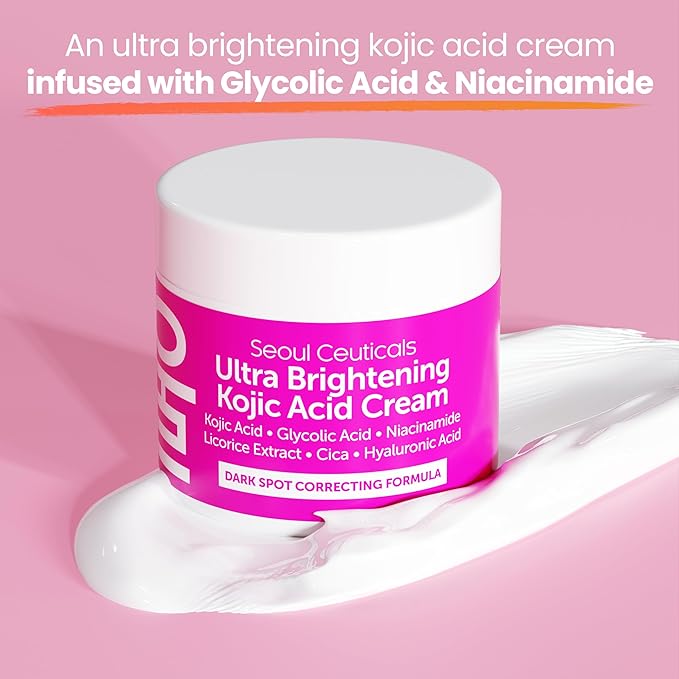 SeoulCeuticals Korean Kojic Acid Cream Dark Spot Remover + Glycolic Acid + Niacinamide + Cica + HA Moisturizer - Cruelty Free K Beauty Skincare 2oz (Pack of 2)