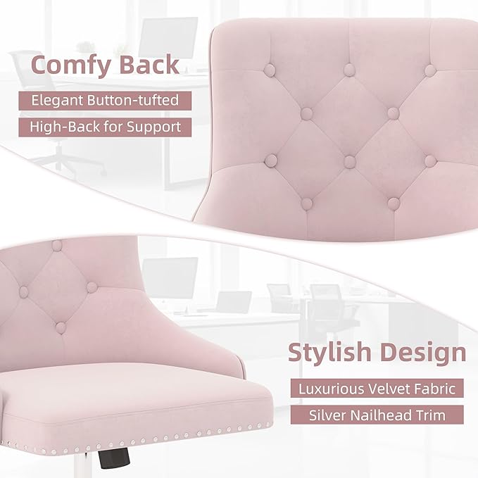 Westice Velvet Desk Chairs, Upholstered Swivel Comfy Makeup Vanity Chair with Tufted Back, Gold Metal Base & Wheels, Height Adjustable Chair for Girls, Bedroom Living Room, Light Pink