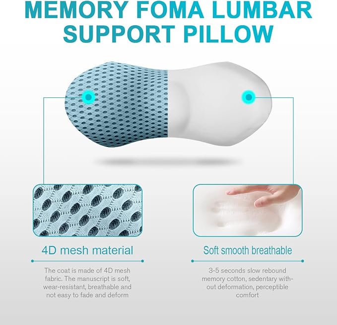 Lumbar Support Pillow for Office Chair, Memory Foam Lumbar Pillow for Lower Back Pain Relief (Blue)