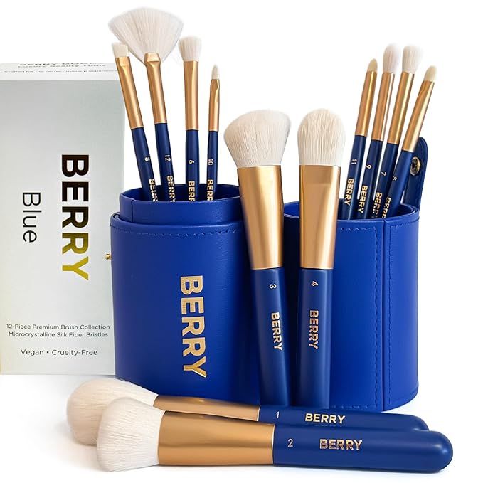 BERRY GOODS 12-Piece Makeup Brush Set with Microcrystalline Silk Fibers – Ultra-Soft, Vegan & Cruelty-Free Face & Eye Brushes with Travel Case (BERRY Blue)