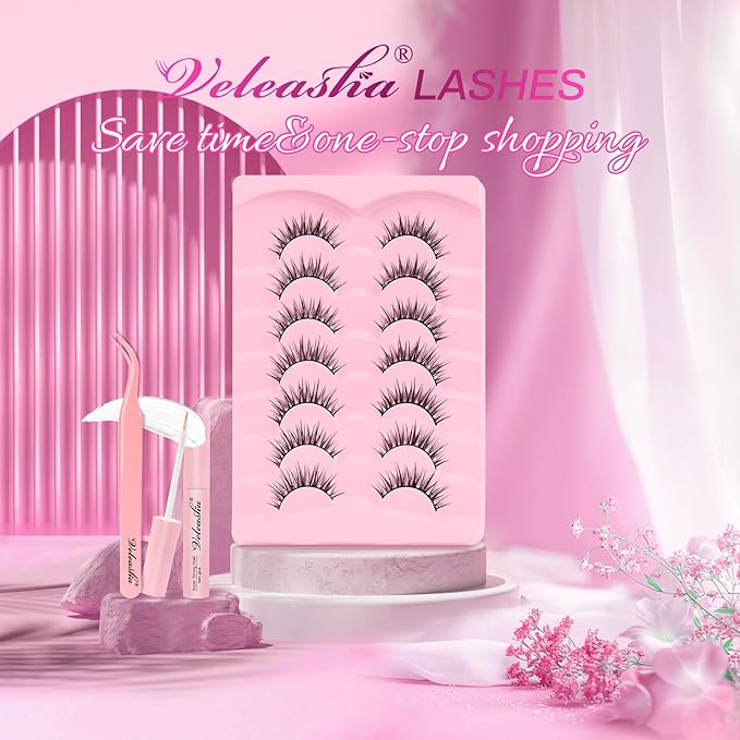Veleasha Lashes Kit Manga Eyelashes DIY Lash Spiky Lash Clusters with Eyelash Glue & Tweezers Natural Look Eyelashes with Multiple Wear Ways Soft Cotton Band Lashes Wispy 7 Pairs Pack (Sugar Kit)