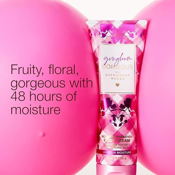 Bath & Body Works Gingham Gorgeous Body Cream, Ultimate Hydration Moisturizer with Shea Butter & Hyaluronic Acid for Dry Skin – Pink Strawberries, Peony Blooms, and Peach Nectar, 8 oz - 1 Pack