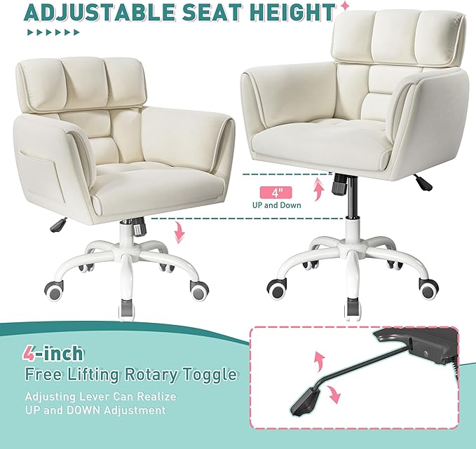 Vanity Chair with Wheels & Soft Velvet Fabric, Desk Chair Comfy with Back, Upholstered Home Office Chair with Side Pockets for Bedroom, Office, Make-up Room, Height Adjustable, Beige