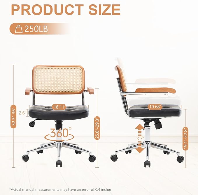 Rattan Office Chairs, Modern Rattan Desk Chair with Natural Back & Wood Armrest, Small Upholstered Tufted Leather Home Office Desk Chairs for Home Office, Bedroom, Study, Black
