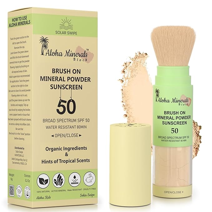 Aloha Minerals Block Brush-On Mineral Powder Sunscreen For Face, SPF 50, Water Resistant, Broad Spectrum, Natural Mineral Blend, Oil Abrosbent, Tropical Scent, Carrot Seed Extract, 0.21oz