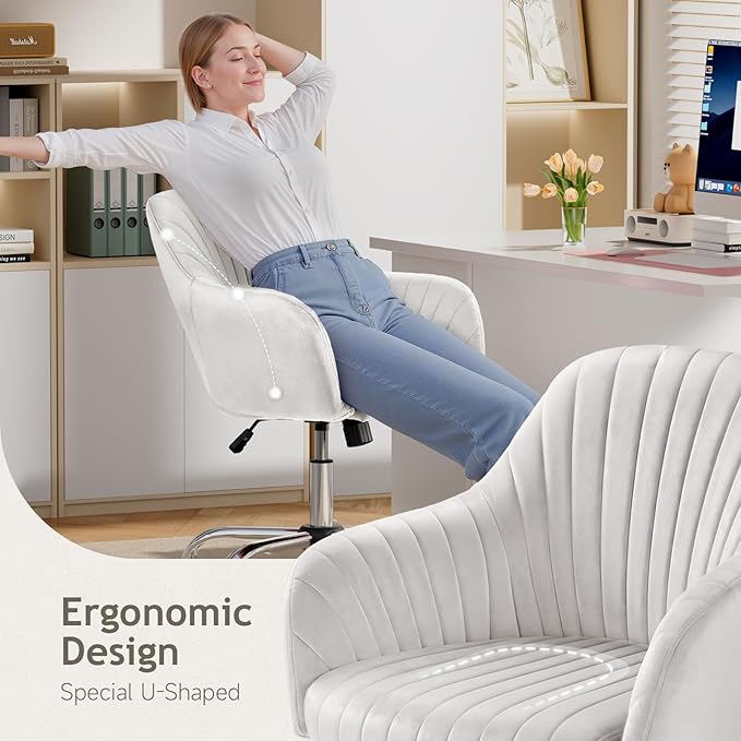 Warmiehomy Velvet Desk Chair for Home Office, Modern Adjustable Swivel Task Chair, Women Vanity Chairs with Arm Rest for Bedroom Dressing Room, White