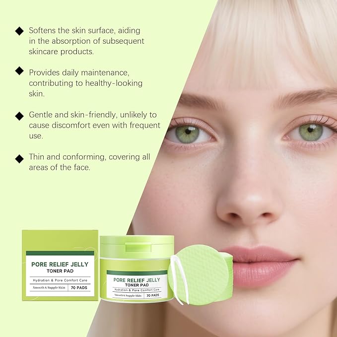 Pore Relief Jelly Toner Pads, Hydrating Cactus Gel – 70 Cooling & De-Puffing Face Pads with Tweezers, Exfoliating & Soothing Dual-Sided Pore Care for Daily Moisture.
