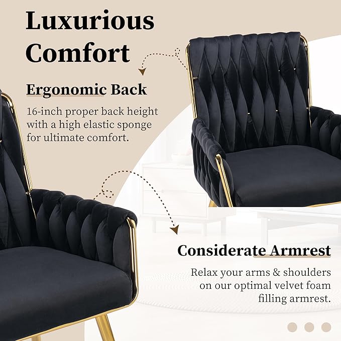 ABET Office Desk Chair No Wheels, Woven Velvet Vanity Chair with Back & Armrest, Comfy Upholstered Cute Gold Metal Legs Makeup Aesthetic Armchair for Girls & Women Bedroom, Nail Spa, Black