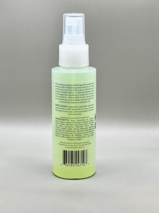 Perfectly Balanced Toner, Organic Willow Bark Extract, Alcohol-Free, 4 OZ, for Normal, Combination and Problem Skin, Gentle Exfoliant, Hydrating, Clarifying